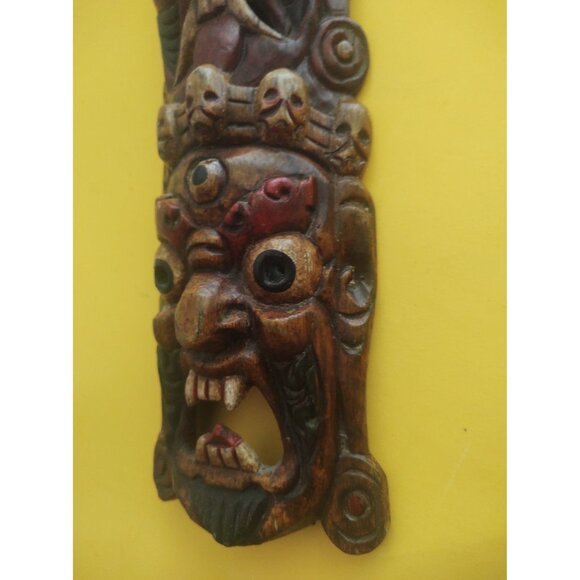 Vintage Nepalese Mahakala Wood Carving 19" x 5" Tibetan Totem Pole - Picture 10 of 14